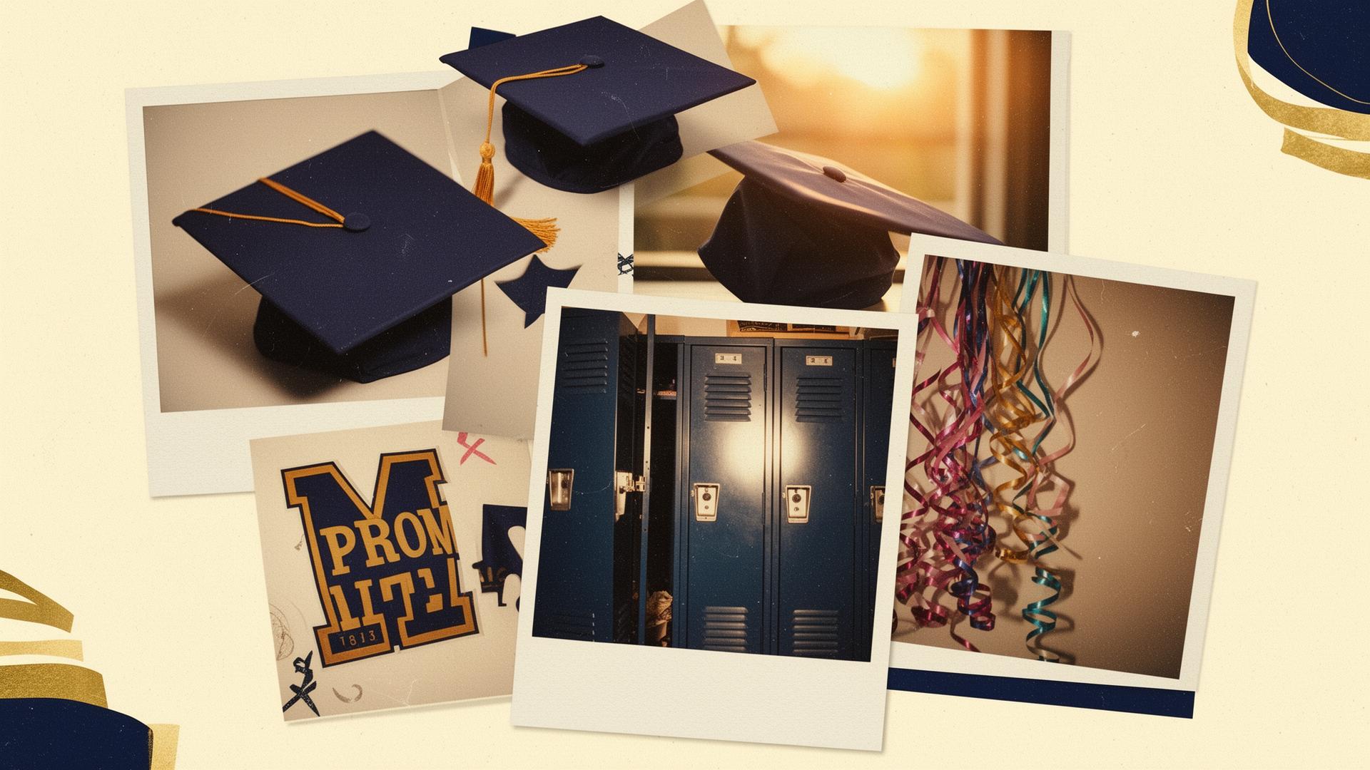 Yearbook collage with graduation caps, lockers, and prom streamers
